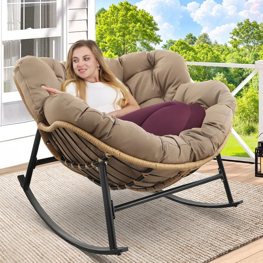 Rocking Egg Chair Indoor Outdoor Oversized Lounge Chair Wicker Papasan Rocker with Water Resistant Cushion Cover Dark Grey 450