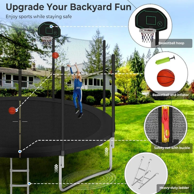 Upgraded 10 12 14 15 16FT Outdoor Trampoline for Kids with Lights Stakes and Sprinkler Backyard Use