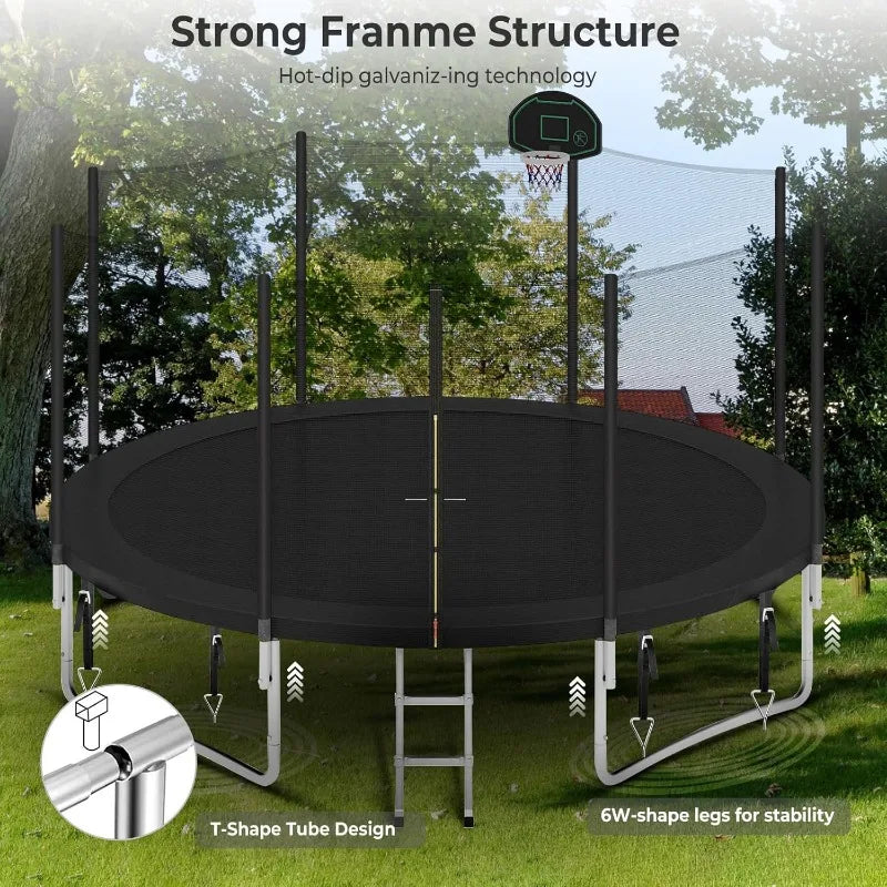 Upgraded 10 12 14 15 16FT Outdoor Trampoline for Kids with Lights Stakes and Sprinkler Backyard Use