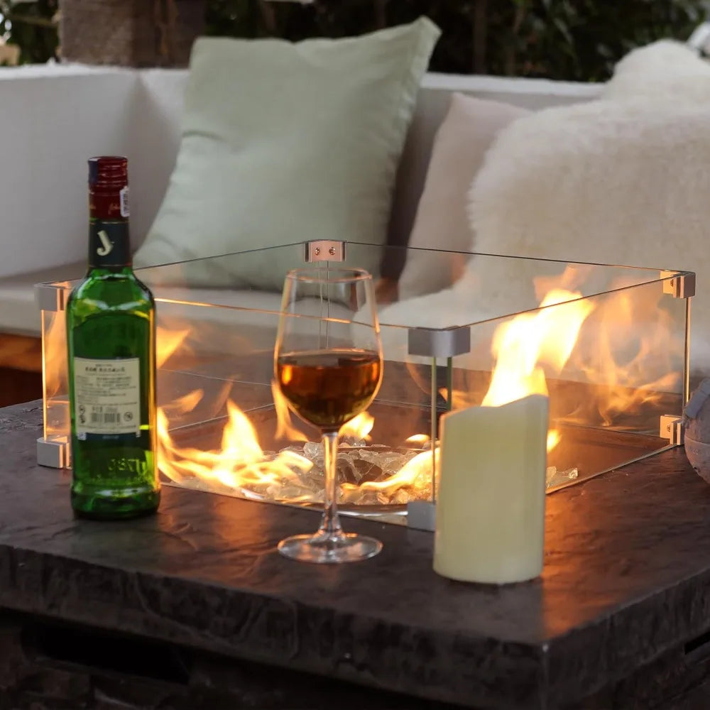 32 Inch Outdoor Propane Fire Pit Table Square Firepit with Glass Wind Guard 50000 BTU 2 Piece Slate Gas Fire Table