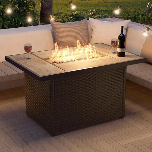 Outdoor Propane Fire Pit Table with Cover for Patio 43 Inch 50000 BTU Wicker Rectangle
